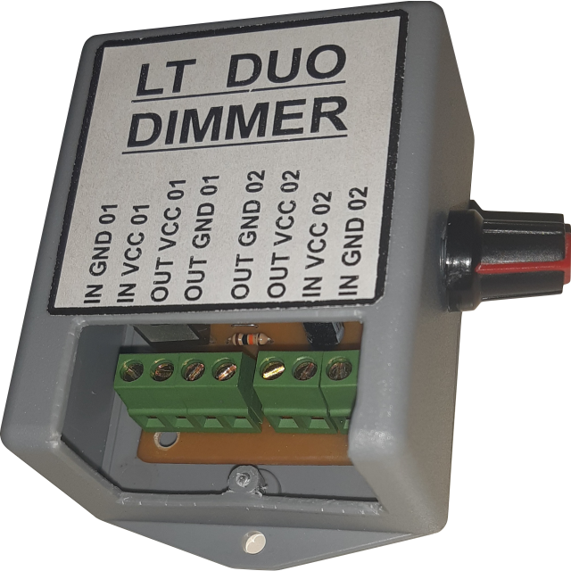 Dimmer 02 canais para Mangueira LED <br> - 02 entrada de fonte <br> - 02 Saidas para Mangueiras <br> - Alimentação 12v